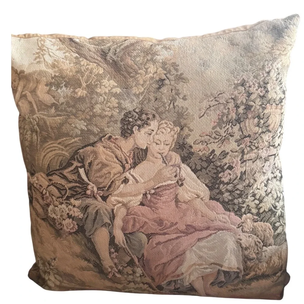 Vintage Tapestry Throw Pillows Pair Romantic Couple & Cottage Watermill‎ 17 inch